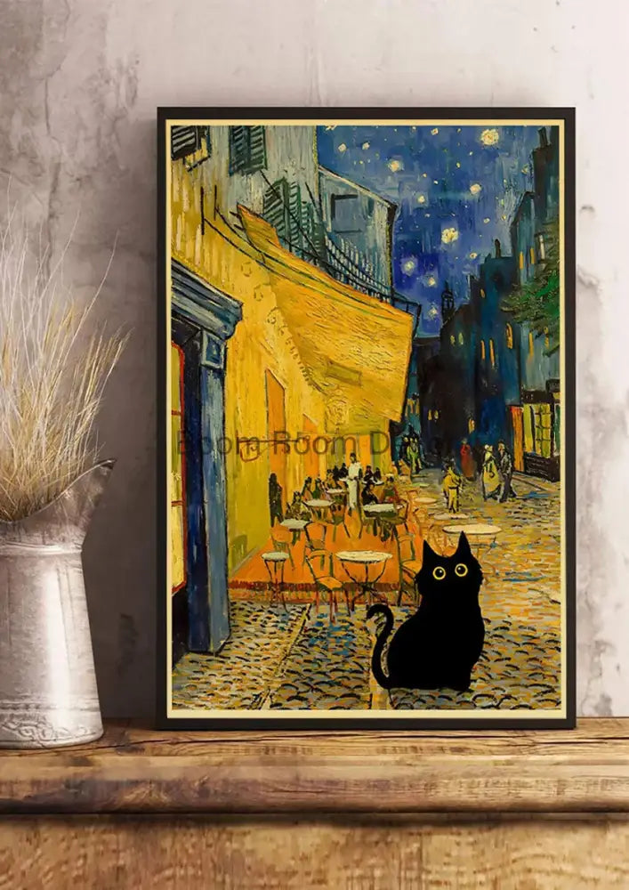 Decorbites™ cute digital cats cartoon poster print on kraft paper featuring black silhouette cat with van Gogh café terrace design