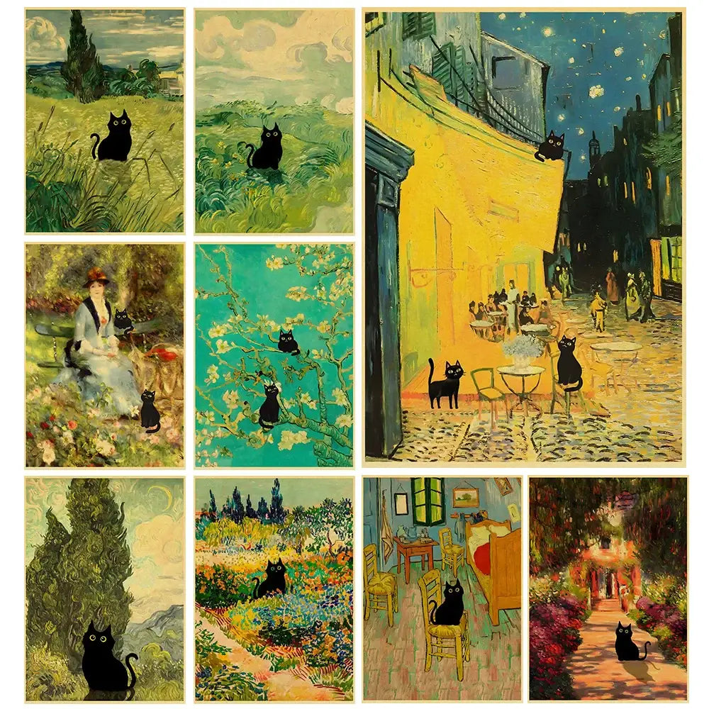 A collection of nine cute digital cats black cat art prints on kraft paper inspired by vangogh styled scenes by decorbites