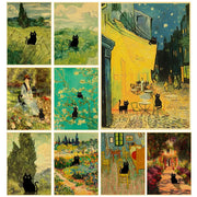 A collection of nine cute digital cats black cat art prints on kraft paper inspired by vangogh styled scenes by decorbites