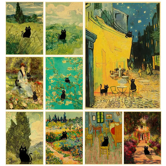 A collection of nine cute digital cats black cat art prints on kraft paper inspired by vangogh styled scenes by decorbites