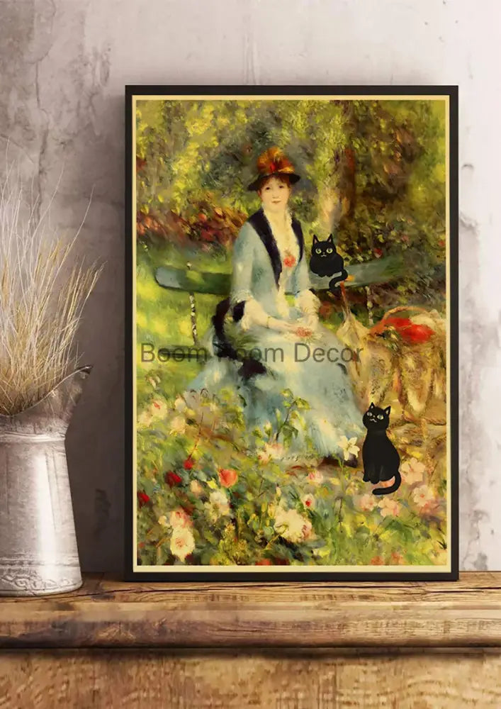 A framed DecorBites™ cute digital cats cartoon poster print of a woman in blue dress with black cats on kraft paper