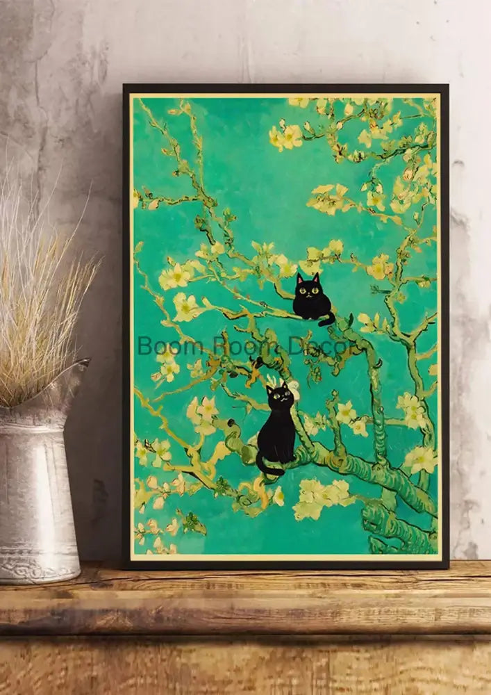 A framed decorbites™ cute digital cats cartoon poster print with two black cats on a blossoming tree teal background