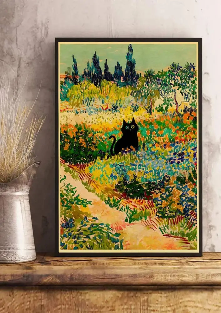 A decorbites™ cute digital cats cartoon poster print of a black cat in a colorful impressionistic field on kraft paper