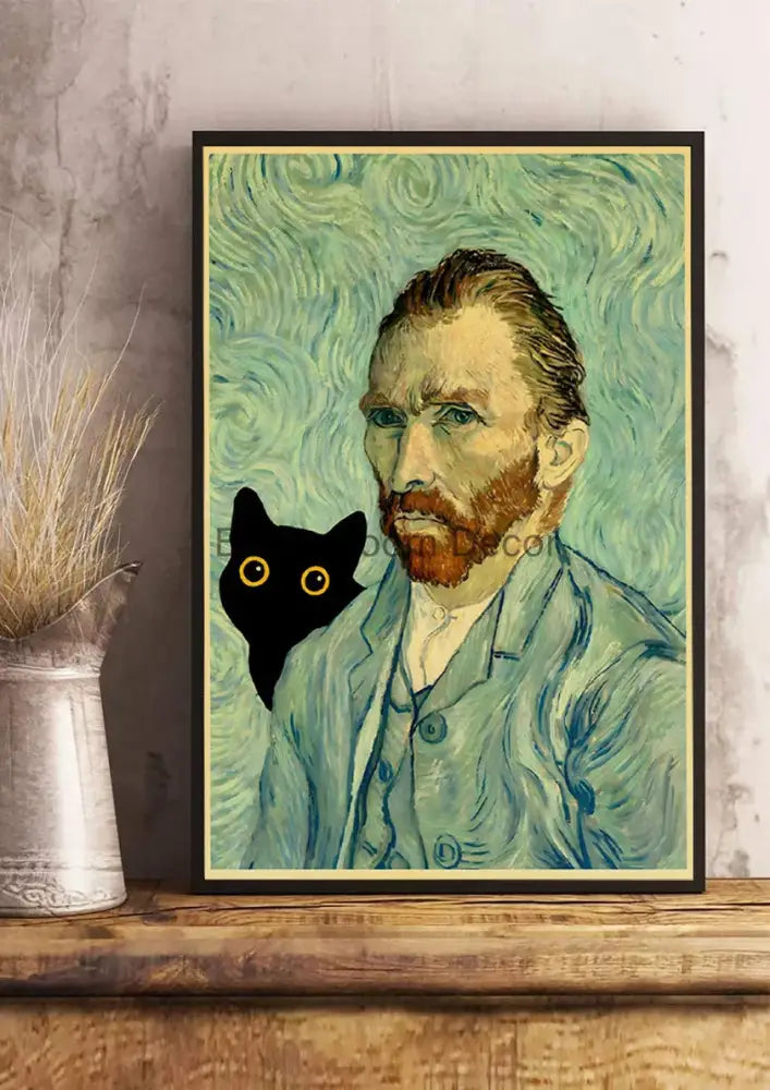 A framed decorbites™ cute digital cats cartoon poster print of van gogh with a black cat on textured teal kraft paper