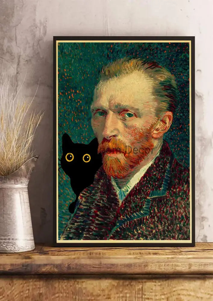 A framed decorbites™ cute digital cats cartoon poster print featuring van gogh with a black cat on kraft paper background