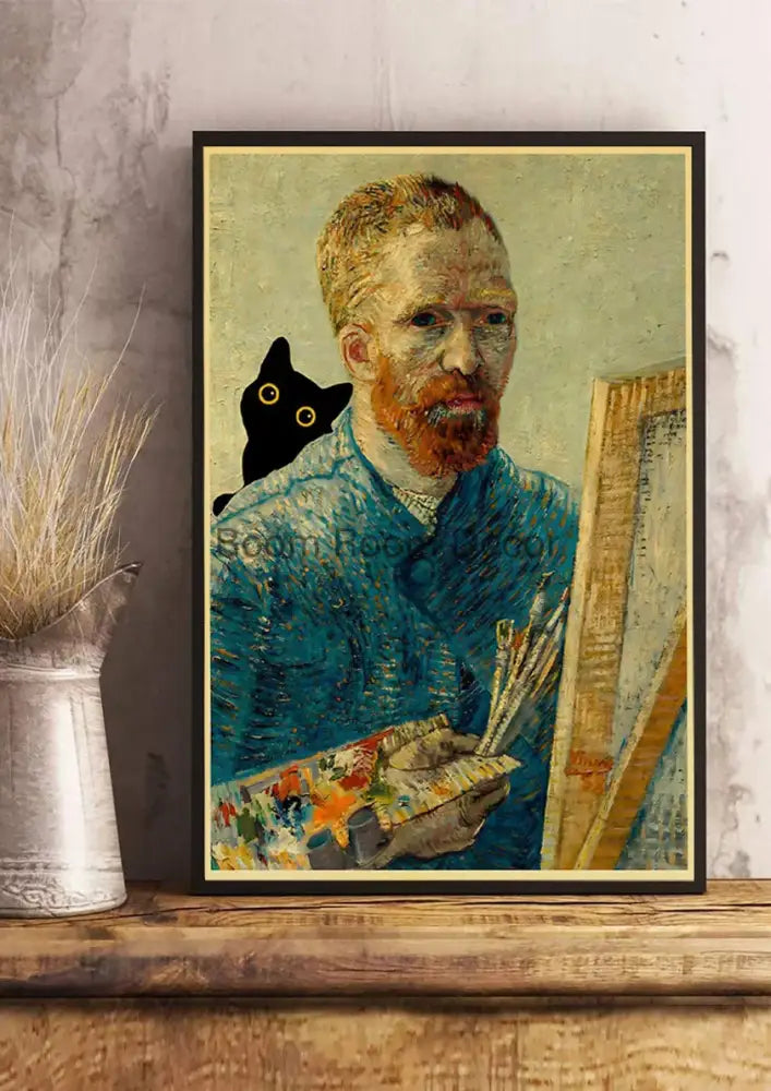 A framed decorbites™ digital cats poster print of vincent van gogh in blue with a black cat on kraft paper background