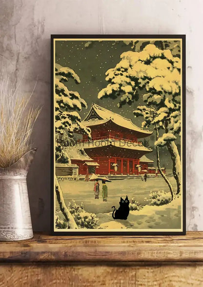 A framed vintage-style kraft paper poster print featuring a snow-covered japanese temple with cute digital cats design