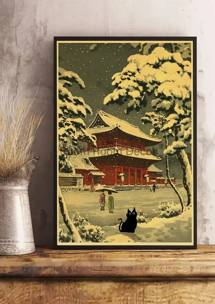 A framed vintage-style kraft paper poster print featuring a snow-covered japanese temple with cute digital cats design