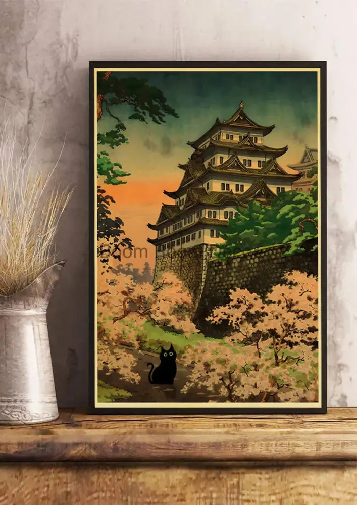 A framed vintage-style decorbites™ poster print of a japanese castle with cute digital cats on kraft paper background