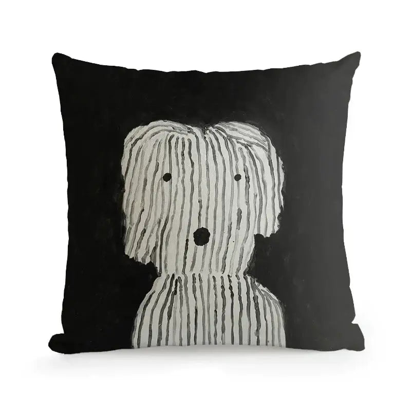 Black throw pillow featuring a stylized striped white dog illustration with simple eyes by decorbites cute dog printed designer