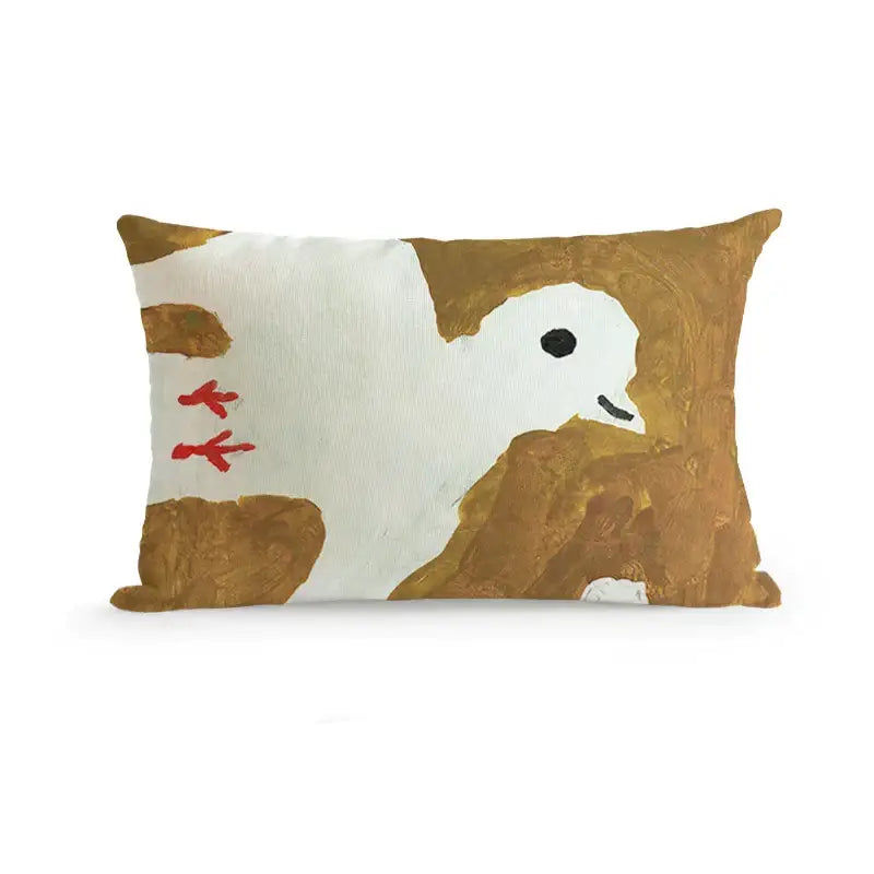 Rectangular decorbites cute dog pillow cover with stylized white dove on textured brown cream background with red accents