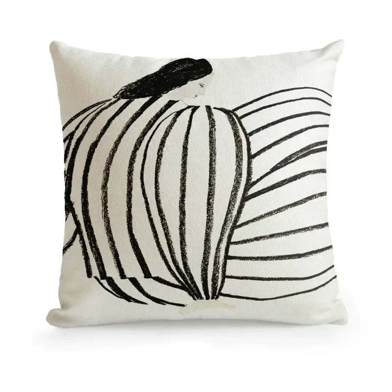 Cream-colored square pillow with black ink-style woman illustration for decorbites cute dog printed living room use