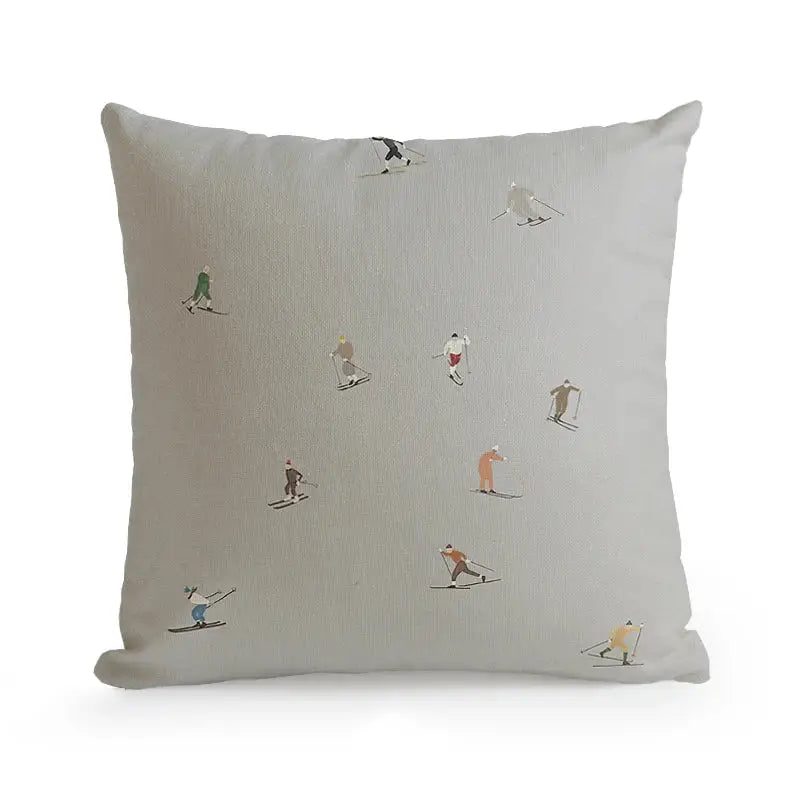 A light gray cushion with stylized colorful skiers pattern for decorbites cute dog printed living room decor