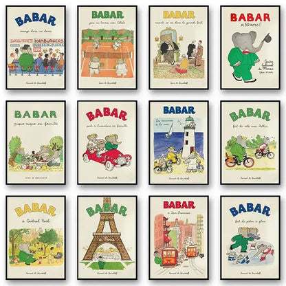 A collection of nine colorful framed cute elephant family car cartoon posters as wall art for kids room decor