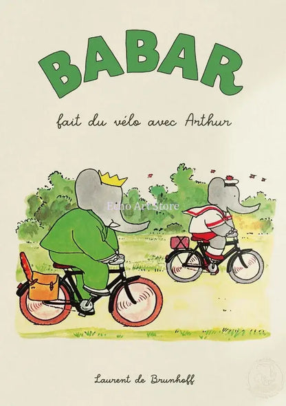 Decorbites™ cute elephant family cartoon wall art featuring a green elephant with crown riding a bicycle for kids room