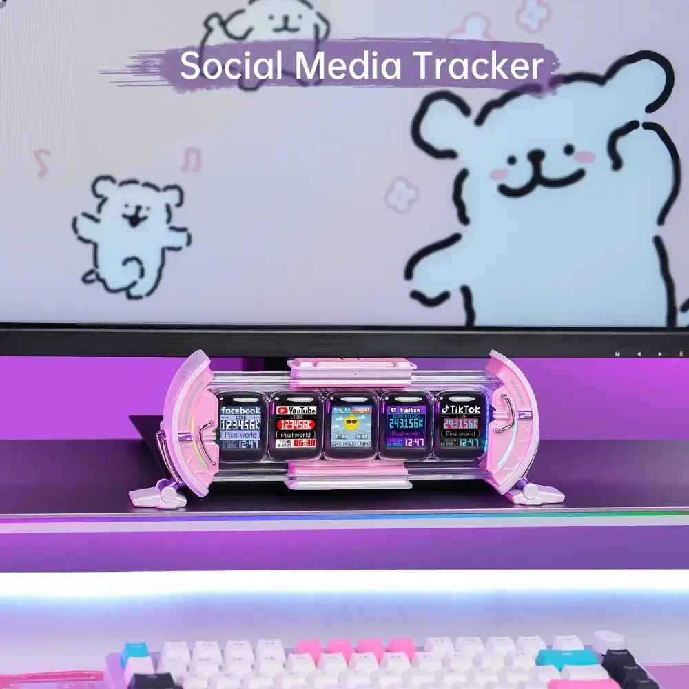 Decorbites cute gaming digital clock pink transparent cylindrical social media tracker with four digital displays