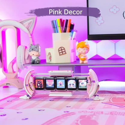Pink-themed transparent acrylic decorbites cute gaming digital clock display case with five anime-style screens