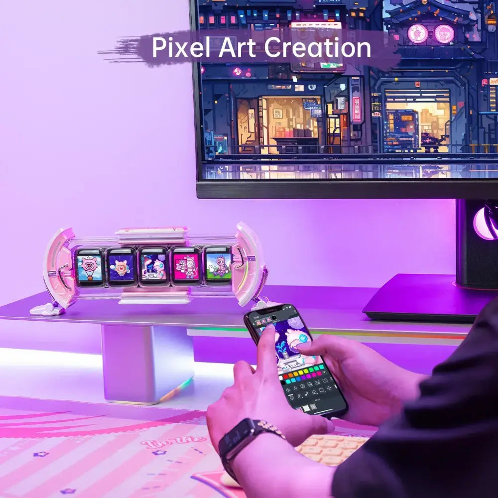 A decorbites cute gaming digital clock in pink and white featuring a sleek pixel art creation station with five illuminated screens