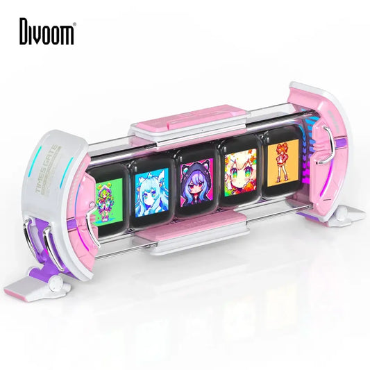 Pink and white decorbites cute gaming digital clock with multi-screen pixel art display showing five colorful characters