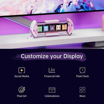 A sleek decorbites cute gaming digital clock with curved colorful screens and anime avatars in pink and white design
