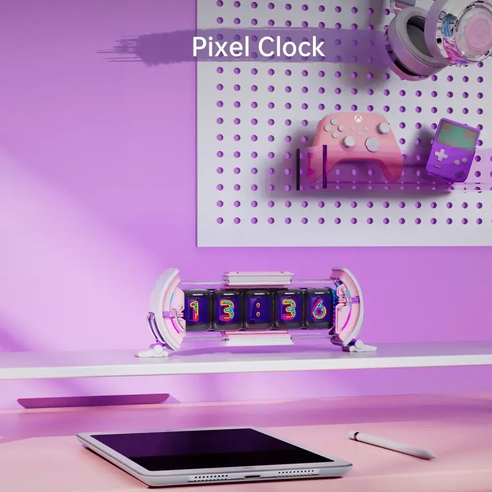 A decorbites cute gaming digital clock with white and purple pixel art design and glowing neon numerals displaying 13:36