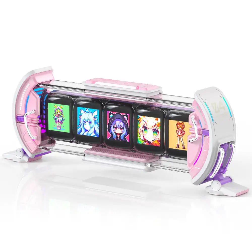Pink and white decorbites cute gaming digital clock with five glowing screens showing colorful pixel art characters