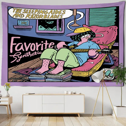 Vibrant purple-framed decorbites cute girl cartoon wall hanging tapestry featuring a lounging character with guitar