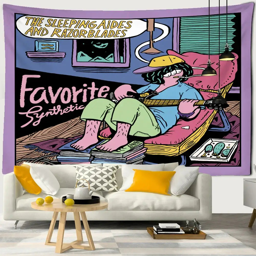 Vibrant purple and black decorbites cute girl cartoon wall hanging tapestry with character lounging with guitar above sofa