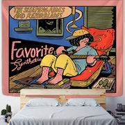 Vibrant pink decorbites cute girl cartoon wall hanging tapestry featuring person playing guitar on red chair with bold text