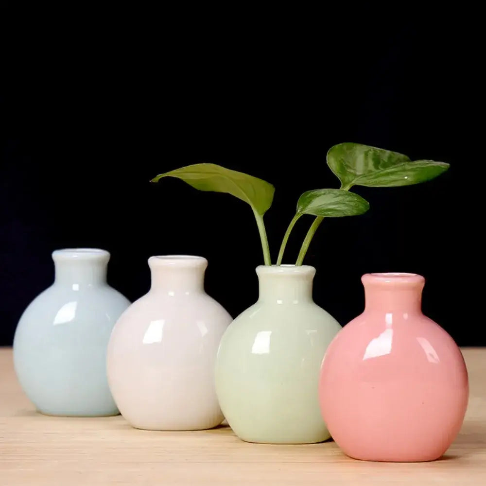 DecorBites™ cute mini ceramic flower vase set of four pastel-colored rounded vases with green leafy plants