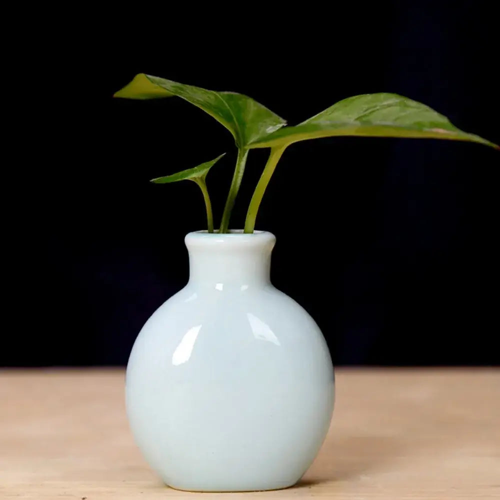 Decorbites™ cute mini ceramic flower vase pot featuring a glossy celadon ceramic flower vase with green leaves