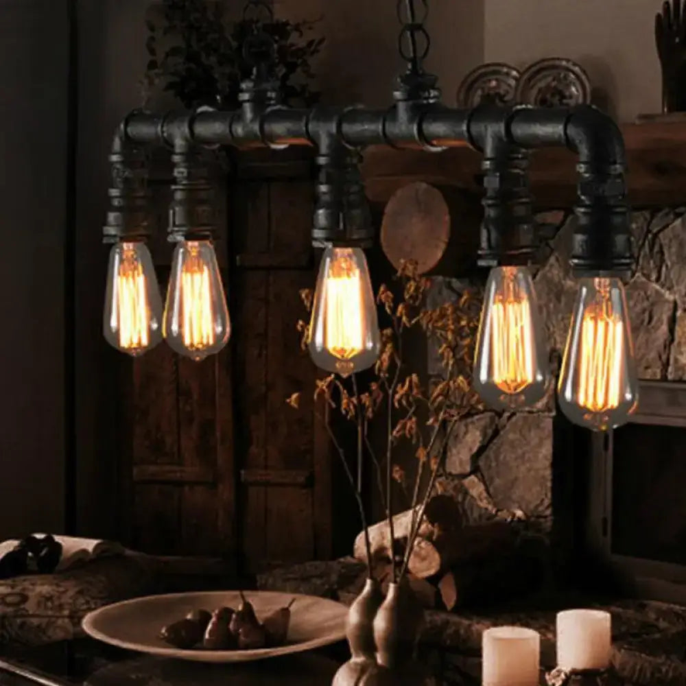 Industrial-style black iron pipe chandelier with five glowing filament bulbs compatible with 220v-240v and 110v-120v ceiling light use