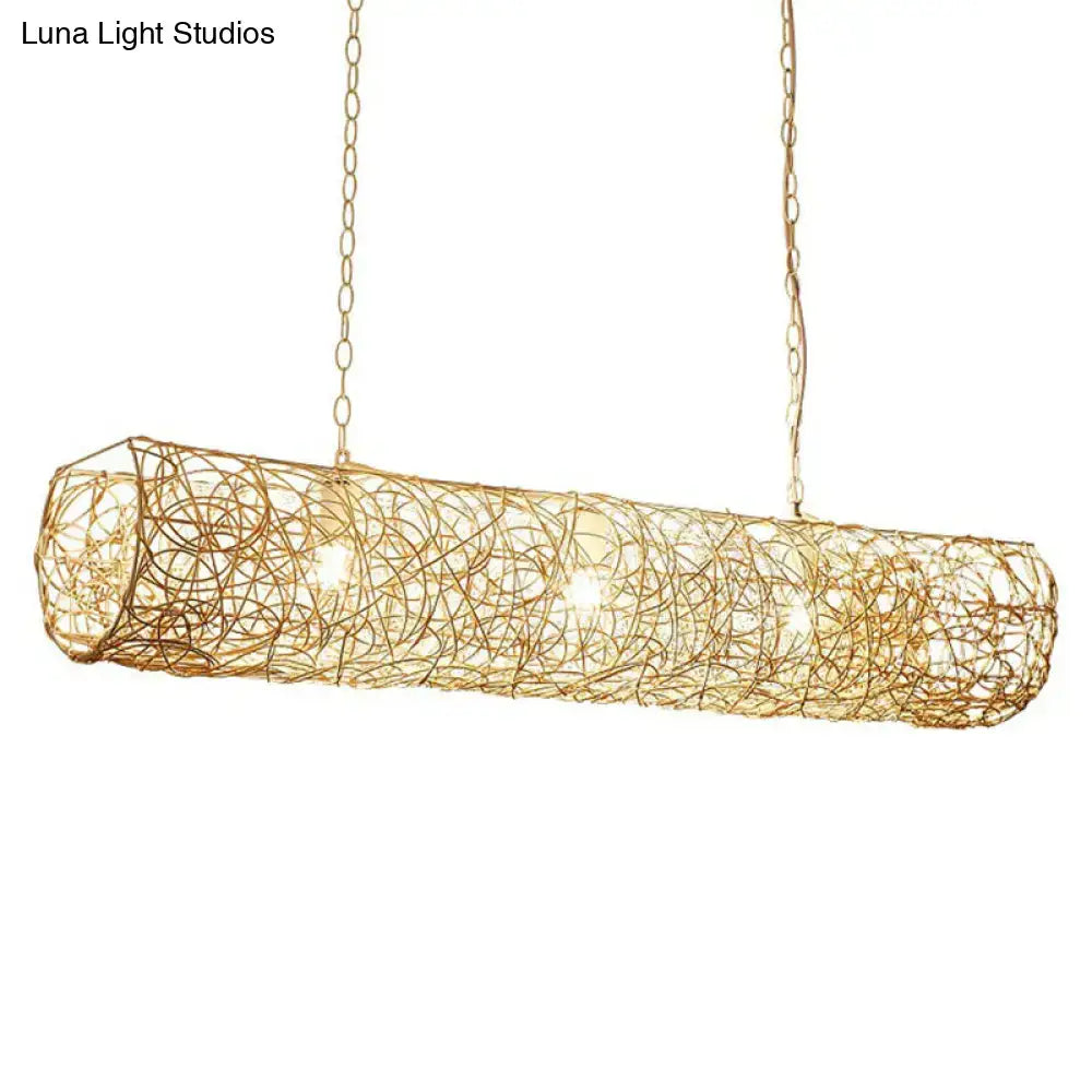 Gold-toned cylindrical rattan island pendant light with woven wire design and 3 bulbs for tea room ceiling 220v-240v 110v-120v
