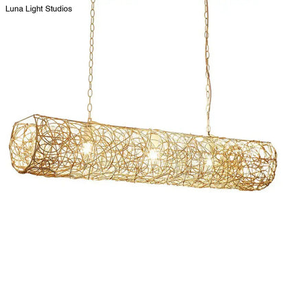 Gold-toned cylindrical rattan island pendant light with woven wire design and 3 bulbs for tea room ceiling 220v-240v 110v-120v