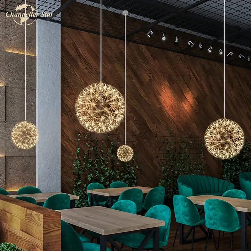 Golden spherical decorbites dandelion ball led chandelier with intricate wireframe design for dining room lighting