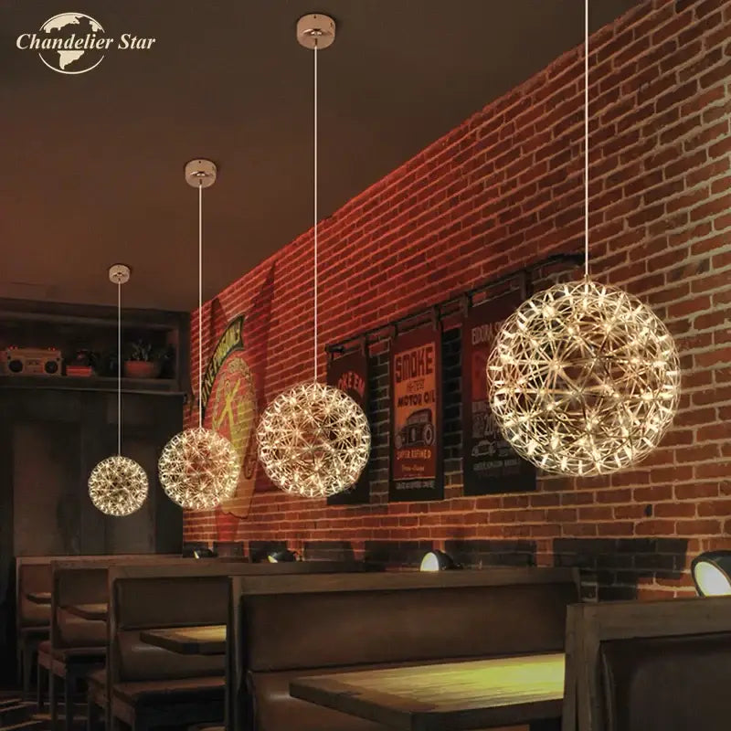 Golden spherical decorbites dandelion ball led chandelier with intricate wireframe design for dining room lighting