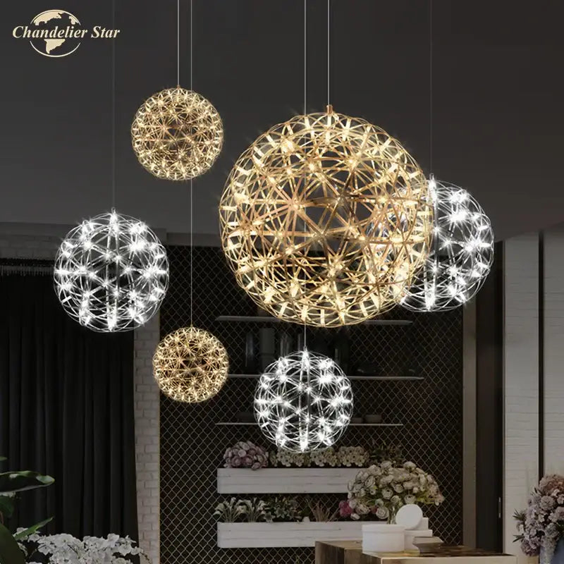 Decorbites dandelion ball led chandelier features golden and silver spherical pendant lights with geometric wireframe designs