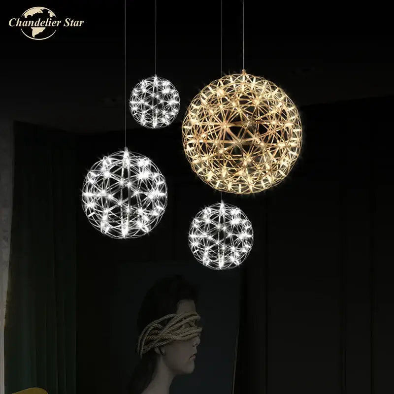 Decorbites dandelion ball led spherical pendant lights in gold and white with geometric wireframe for dining room