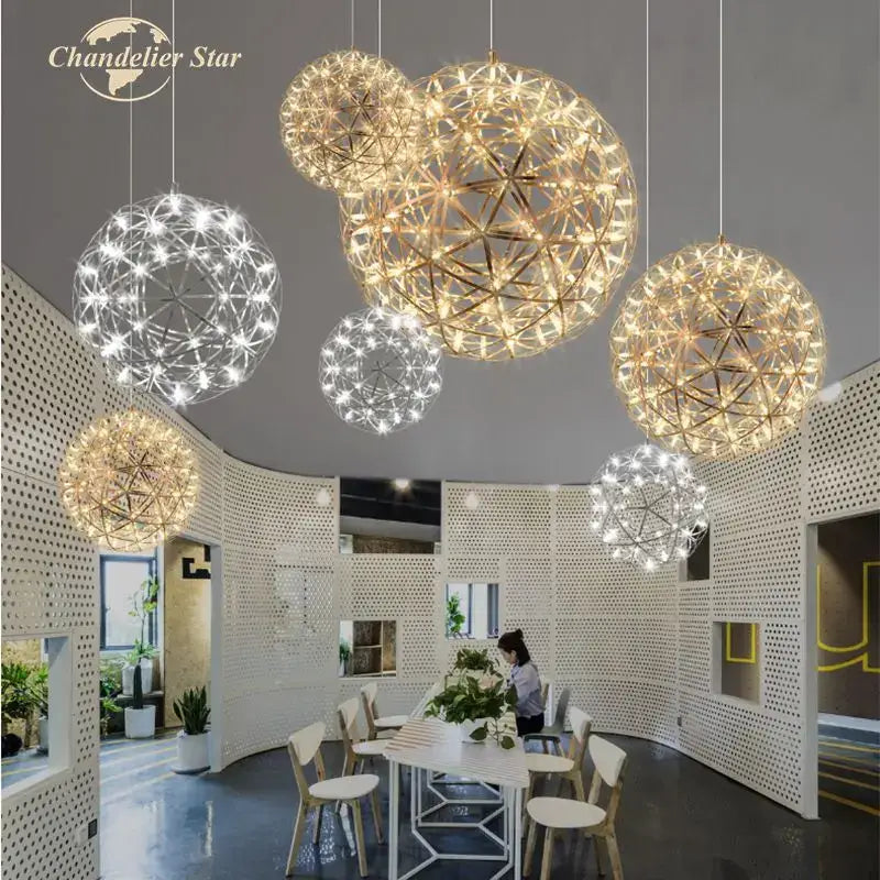 Golden and silver spherical dandelion ball led chandelier with intricate geometric wireframe design by decorbites