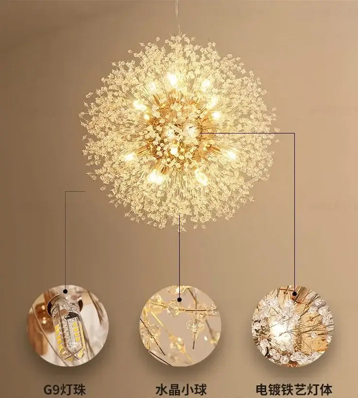 Decorbites dandelion chandelier gold with crystal embellishments and led bulbs for elegant living room lighting