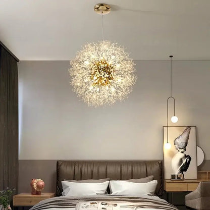 Golden dandelion chandelier with sparkling crystal filaments and brass fixture by decorbites for living room lighting