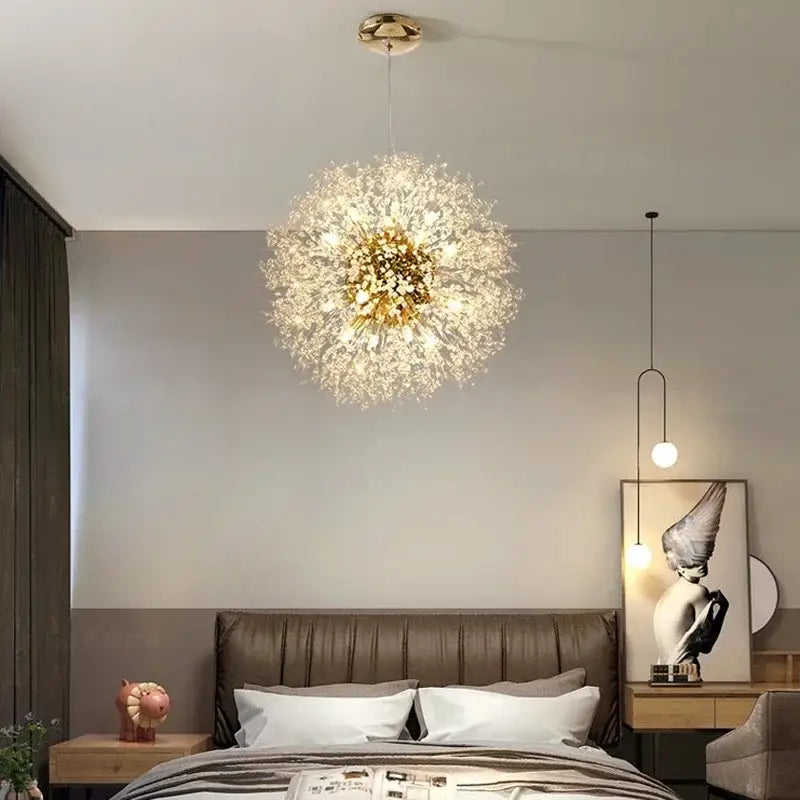 Golden dandelion chandelier with sparkling crystal filaments and brass fixture by decorbites for living room lighting