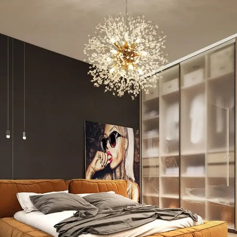 A sparkling gold and crystal decorbites dandelion chandelier with a radiant flower-like design for living room light