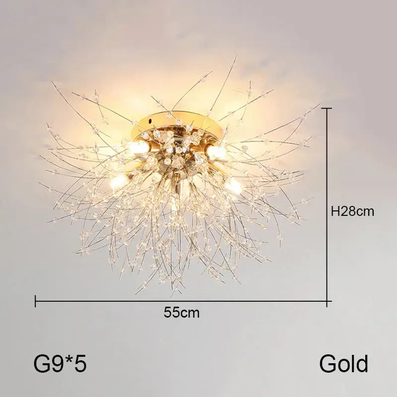 Gold decorbites dandelion chandelier with clear crystal accents and five G9 bulbs for elegant living room lighting