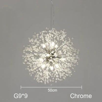 A sparkling chrome Decorbites dandelion chandelier with gold crystal accents and nine G9 bulbs for living room lighting