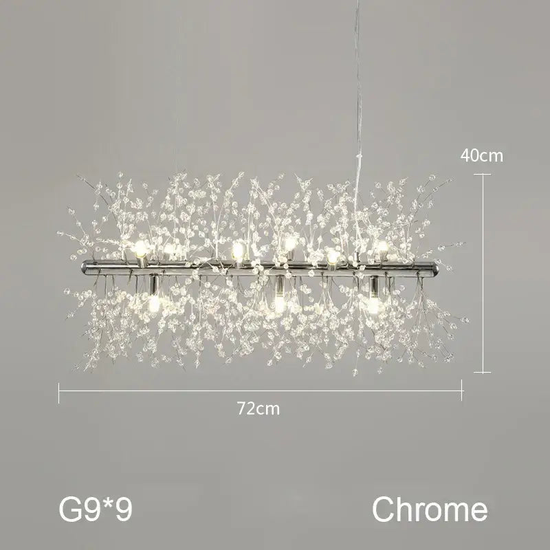 Chrome-finished decorbites dandelion chandelier with delicate gold crystal branches and nine g9 bulbs for living room light