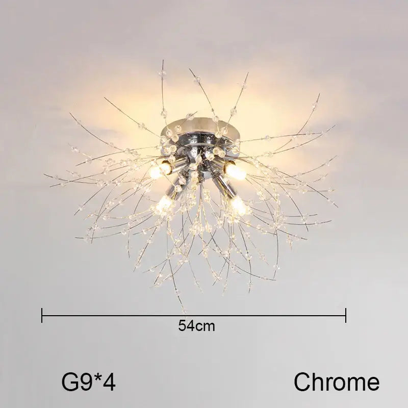 Chrome-finished decorbites dandelion chandelier with four g9 bulbs and gold crystal strands for living room lighting