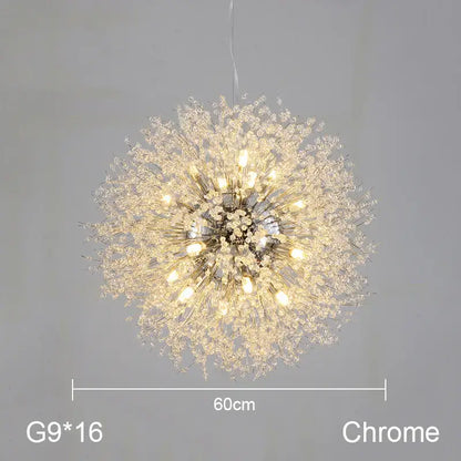 A sparkling chrome decorbites dandelion chandelier with 16 g9 bulbs resembling a gold crystal seed head light
