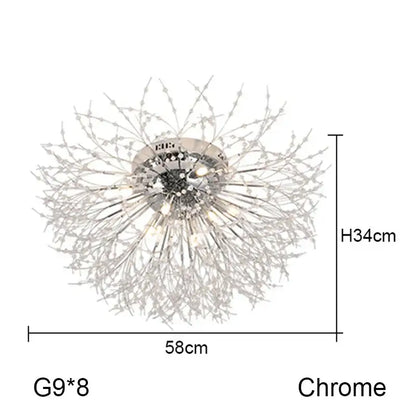 Chrome-finished decorbites dandelion chandelier with slender metallic stems and crystals for living room lighting