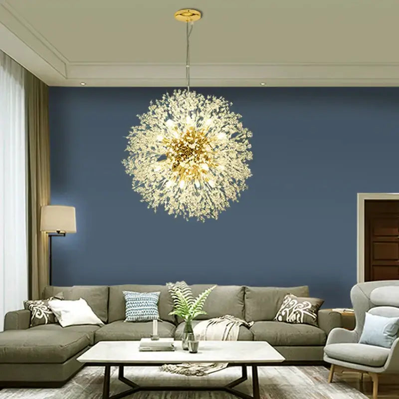 A golden spherical decorbites dandelion chandelier with delicate crystal design for living room lighting